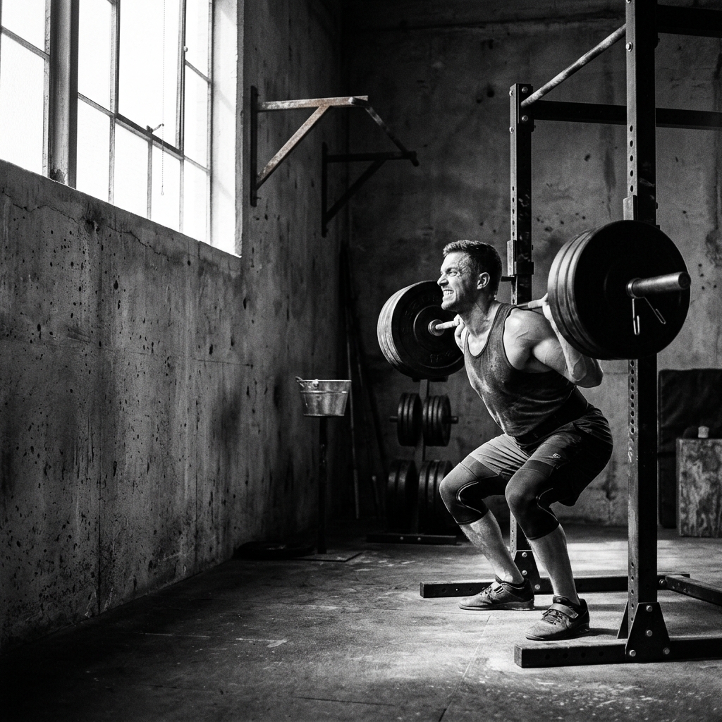 Moody black and white close-up of an athlete doing squats with loaded barbell in concrete gym